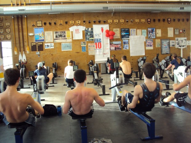 Rowers at the St. Louis Rowing Club work out on their erg machine. (Jocelyn Lee)