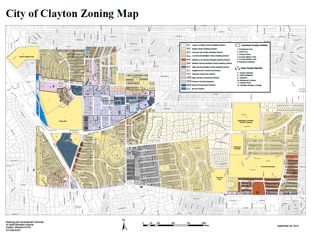 Zoning maps are from the City of St. Louis and the City of Clayton. These maps show the kinds of properties that can be built in designated areas of the respected cities.