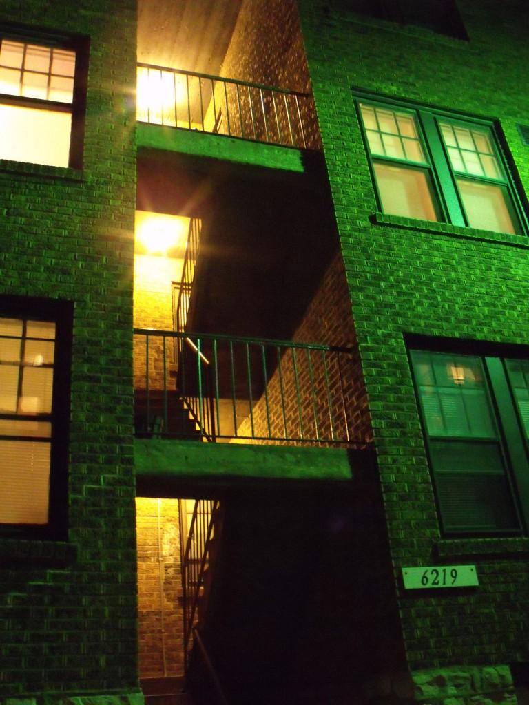A building in the Demun neighborhood lights up the night. (Jake Leech)