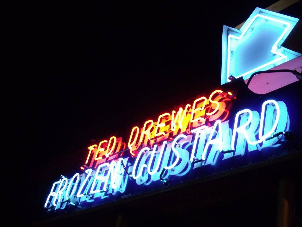 The Ted Drewe's classic neon sign lights up South Grand as customers grab their last frozen treats of the summer. (Thalia Sass)