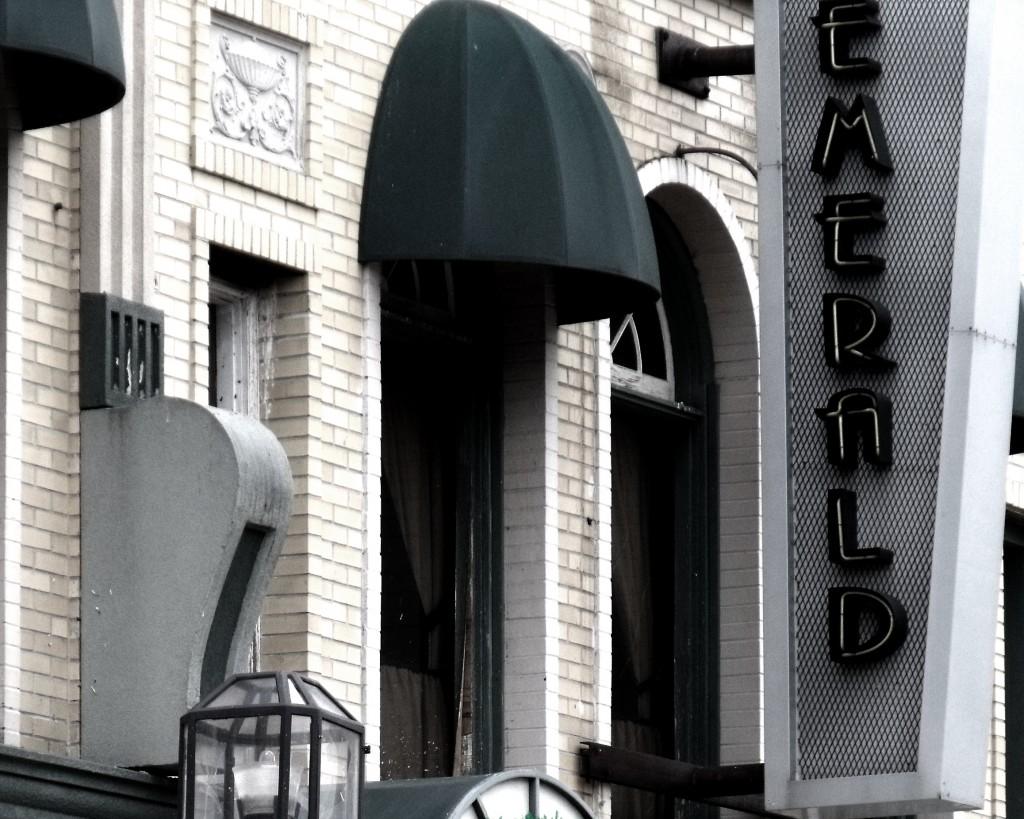 The modern Emerald Theater sign contrasts the classic architecture of downtown Mount Clemens, Michigan. (Thalia Sass) 