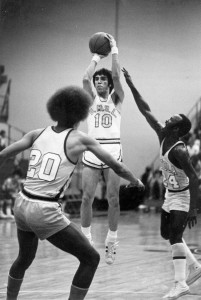 Bob Bone takes a shot as a player for UMSL.  Bone, a three-time All-American, played from 1973-1977 and remains UMSLâ€™s scoring and assists leader. (Photo courtesy of Bob Bone)