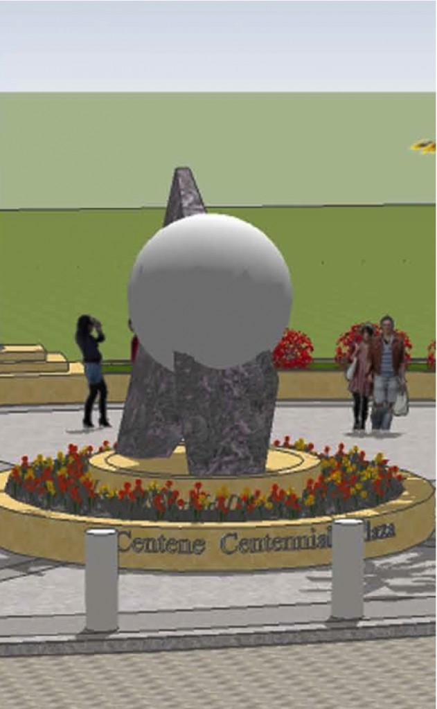 The iconic CHS globe will be labeled at the base with Centene's name under the new naming agreements for the plaza. (H+M Architects)