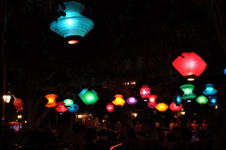 Paper lanterns light up the teacups at Disneyland.