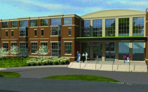 An architectâ€™s renderings of the design for the entrance to the new Wydown Middle School, as approved by the Board of Education last week. The BOE decided on a number of exterior characteristics at the Feb. 9 meeting, including a rounded parapet, as shown. (Arcturis/Neumann Monson)
