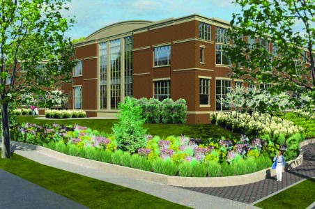 Wydown Facade An architect’s rendering of the exterior of the planned WMS building, showing the rounded parapet and spandrel glass windows. In addition to finalizing the exterior, the BOE approved a resolution on Feb. 9 to override the ARB’s disapproval of the design and move forward with construction, which will begin this spring. (Arcturis/Neumann Monson)