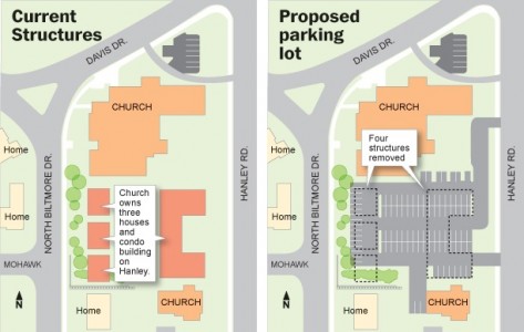 On the left in the current structure and the on the right the graphic shows the proposed lot and demolitions.