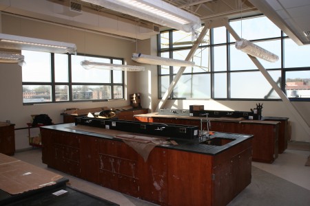 A chemistry lab is still under construction in the new addition. The new wing will have special features such as a sunlight porch and rooftop garden. Teachers should start moving into their new rooms this May. (Zach Praiss)