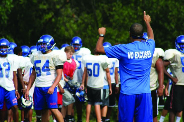 Coach Leopold directs the team during an August practice.
