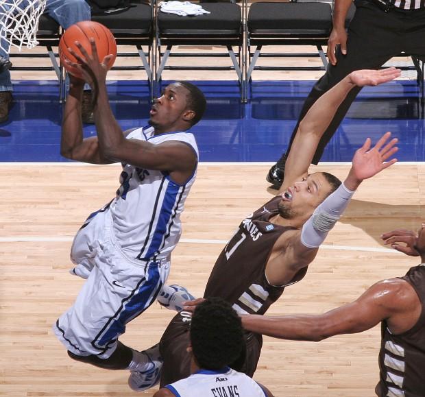 SLU's Mike McCall Jr. drives to the basket past St. Bonaventure's Demitrius Conger in first-half action on Feb. 1, 2012, at Chaifetz Arena in St. Louis. Saint Louis rolled, 86-62. (Chris Lee/St. Louis Post-Dispatch/MCT)