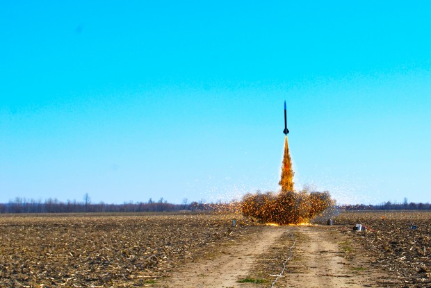 This was a Skidrow model rocket launched off in Elsberry, Missouri during TARC rocketry qualifiers. It was a clear, windy, and strangely cold day as several teams (not shown) attempted to qualify for TARC nationals.