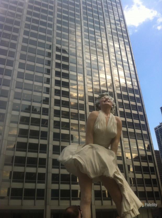 This is a photo of the Marilyn Monroe statue in downtown chicago. The statue is 26 feet tall and weighs 34,000 pounds. The sculpture is only on display temporarily, it will be taken down within the next year. Photo by Lauren Indovino. 