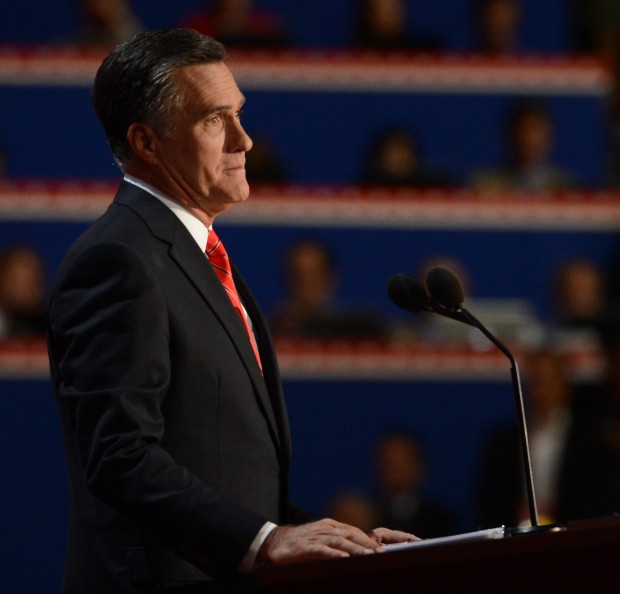 Republican presidential nominee Mitt Romney speaks to the delegation at the Republican National Convention at the 2012 Republican National Convention in the Tampa Bay Times Forum, Thursday, August 30, 2012 in Tampa, Florida. (Tiffany Tompkins-Condi/Bradenton Herald/MCT)