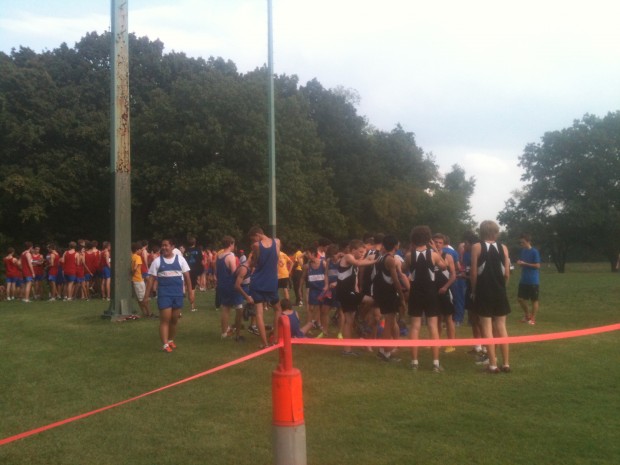 The Cross Country Boys await the start of the Spanish Lake Invitational.