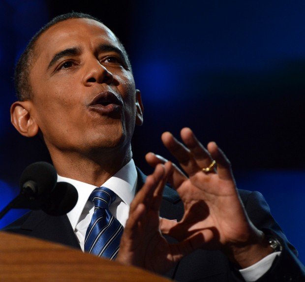 President Barack Obama speaks to the delegation at the 2012 Democratic National Convention in Times Warner Cable Arena Thursday, September 6, 2012 in Charlotte, North Carolina. (Chuck Liddy/Raleigh News and Observer/MCT)