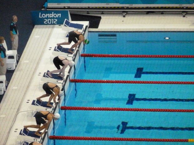 Paralympic swimmer Colleen Young preparing to dive off the blocks for a race in London.