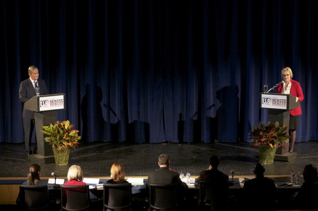 Akin and McCaskill square off in the CHS auditorium. Photo by Olivia MacDougal. 