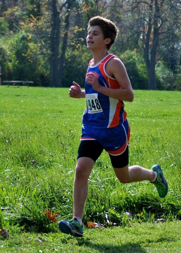 Sophomore Ben Tamsky heads towards the finish at the Cross Country boys districts in which Clayton placed first.