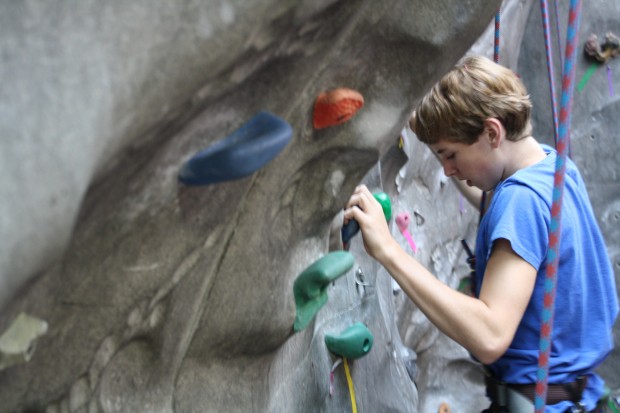 Sophomore Patrick Butler climbs the wall in basic climbing.  Photo taken by Alexis Schwartz