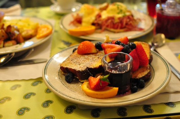 Fruit and french toast await their fate at Mama's, a diner in San Fransisco. Mama's is one of the most famous diners in San Fransisco and has customers waiting at the door as early as 7 in the morning even though the diner opens at 8. 