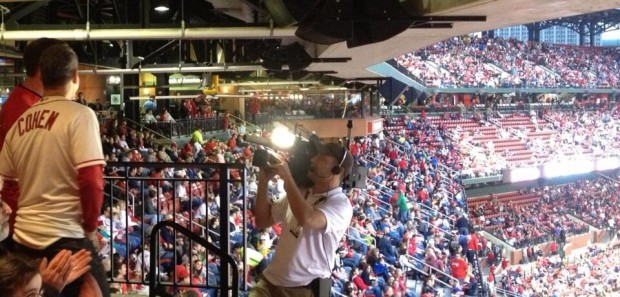 Cohen filming for big-screen interview at the Cardinals game