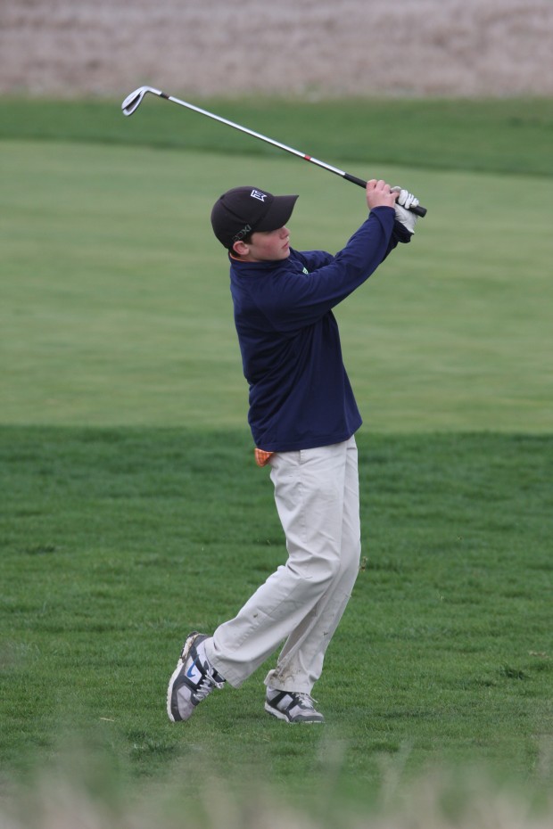 Freshman Robert Hogan practices during the Clayton match vs Webster Groves. Freshman Robert Hogan and Elliot Ambort advanced all the way to state. Elliot Ambort finished the 2 day state tournament tied for 25th and Robert Hogan finished tied for 52nd.