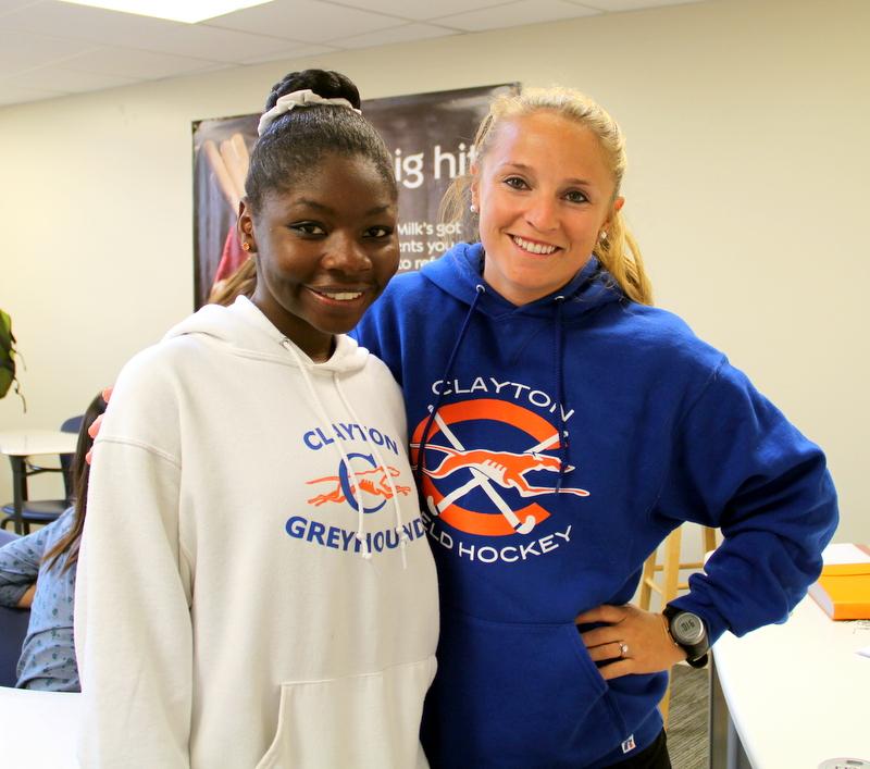 Health teacher Ms. Hogan and Sophomore Theresa Klein matched in Clayton spirit wear. 