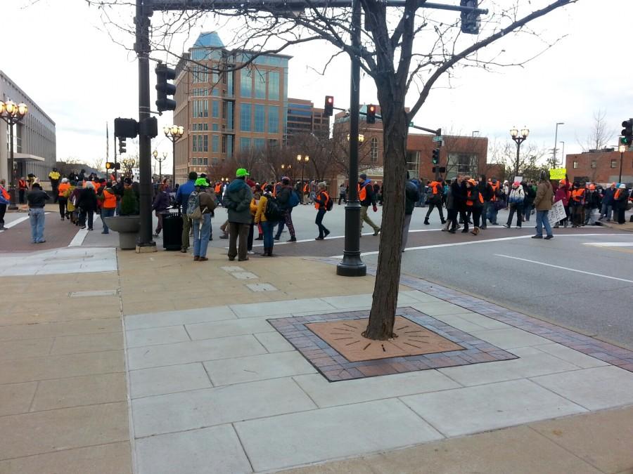 Peaceful protesters in downtown Clayton Tuesday morning. (Sarah Bernard)