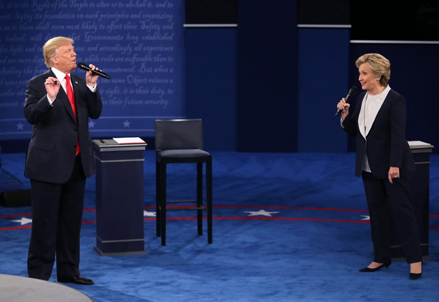 Donald Trump and and Hillary Clinton on stage during the second debate between the Republican and Democratic presidential candidates on Sunday, Oct. 9, 2016 at Washington University in St. Louis, Mo. (Christian Gooden/St. Louis Post-Dispatch/TNS)