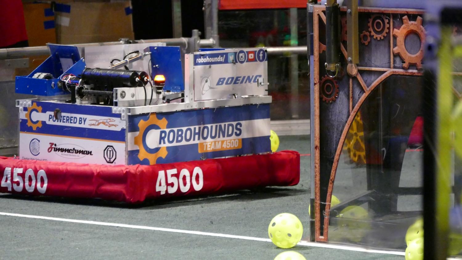 The CHS Robohounds' robot, "Brian, the Husband Stealer," compete at the 2017 World Championships in downtown St. Louis.