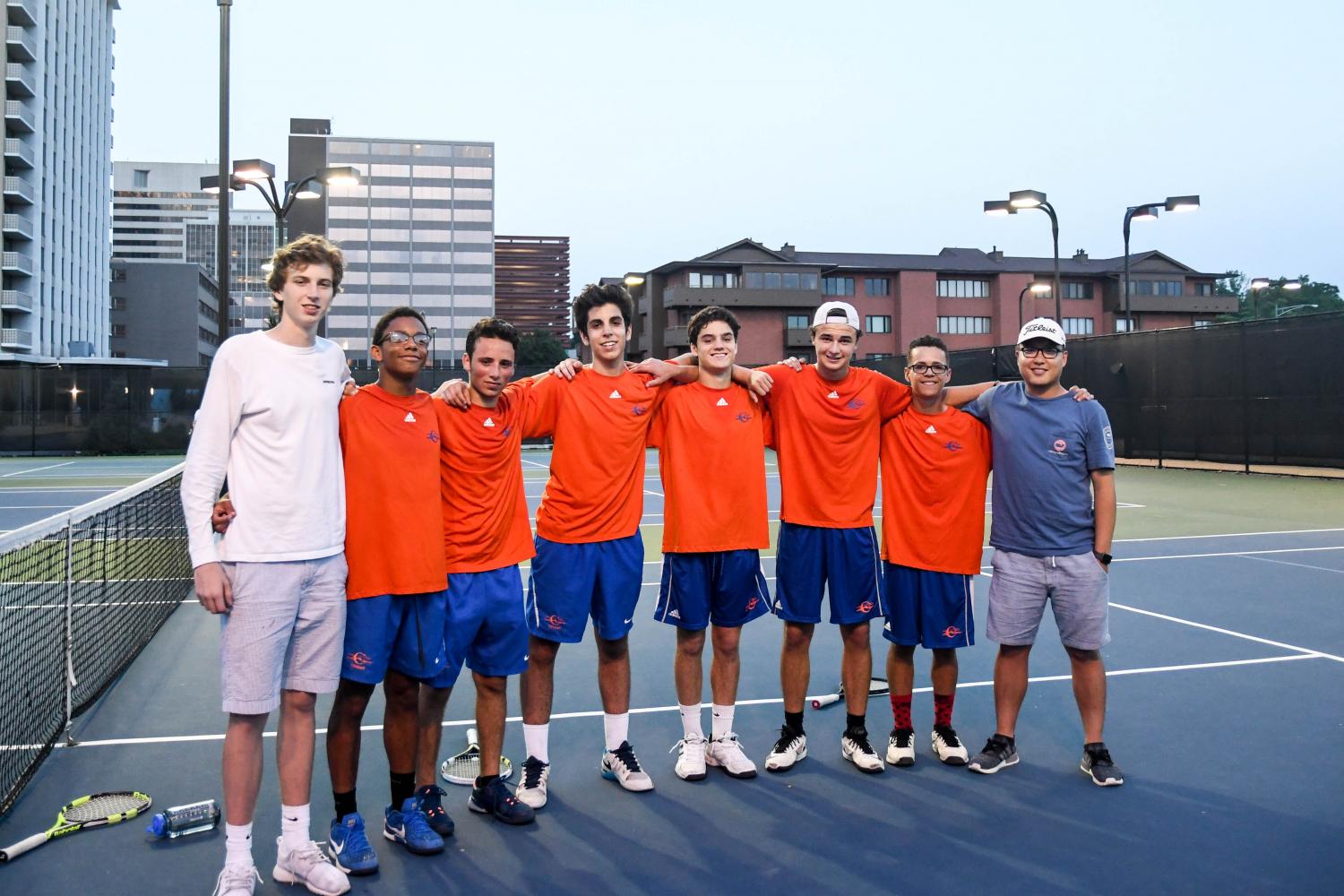 Boys' tennis team at Shaw Park after winning Sectionals