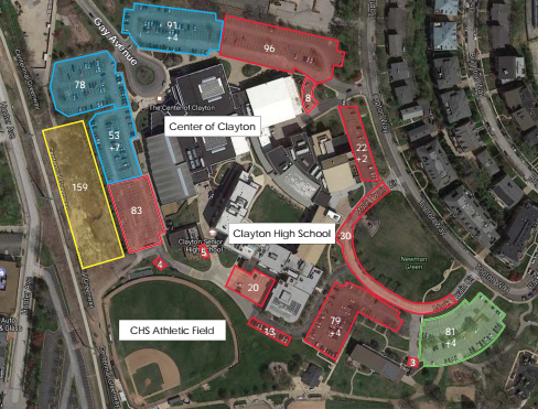 A graphic displaying the parking lot situation around the Center of Clayton and CHS. Photo from Clayton Parks&Recreation