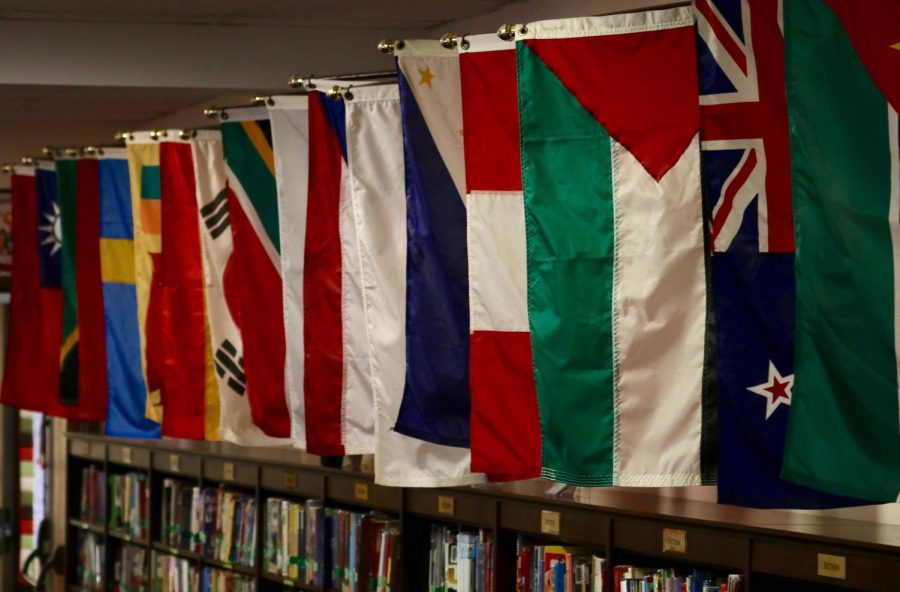 Flags hanging in Glenridge's library.