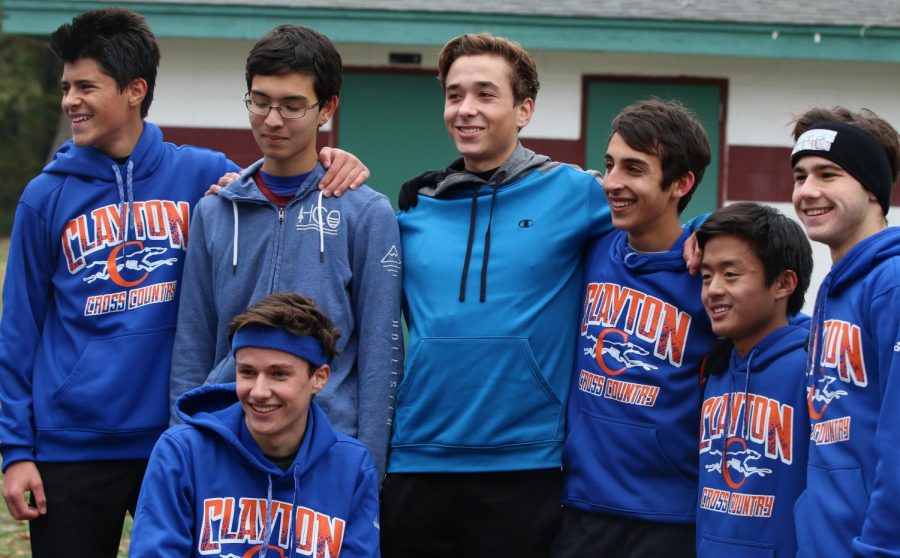 The boys cross country team just after finishing their district race