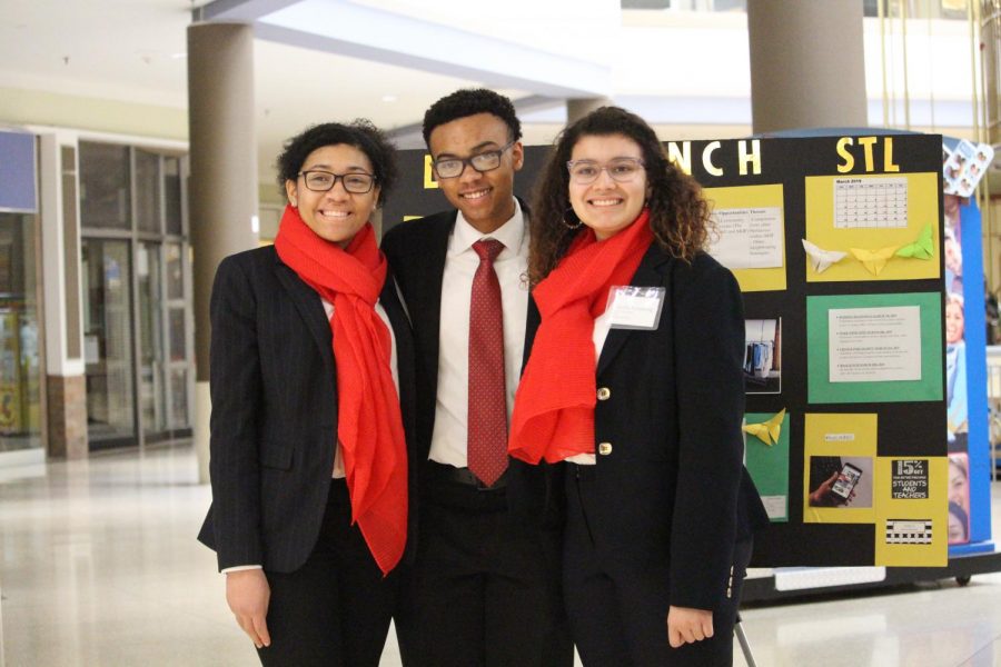 Photo of CHS DECA participants at DECA D8 Districts at the Chesterfield Mall. From left, Kennedy Sams, Jacob Blair, and Cecelia Armstrong.