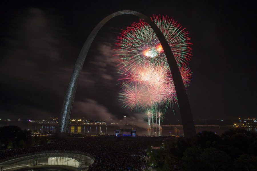 Fireworks explode over the Mississippi during a Fourth of July celebration in Downtown St. Louis. The day's festivities also included food, music, an air show and more.