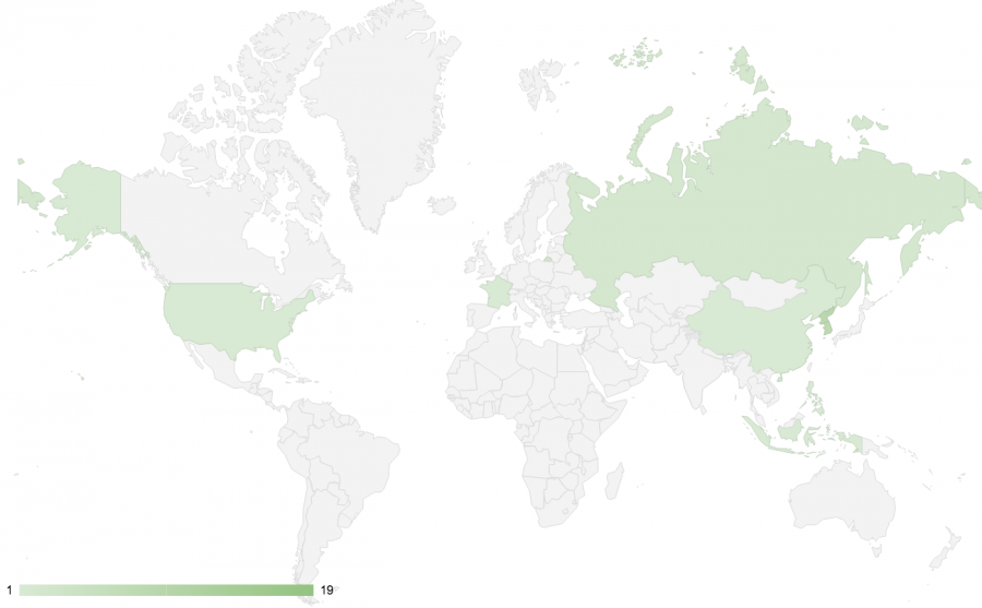 A map of where students thought the meeting between Donald Trump and Kim Jong-Un  took place. Nineteen students gave the correct response: Singapore. Created with Google Sheets.