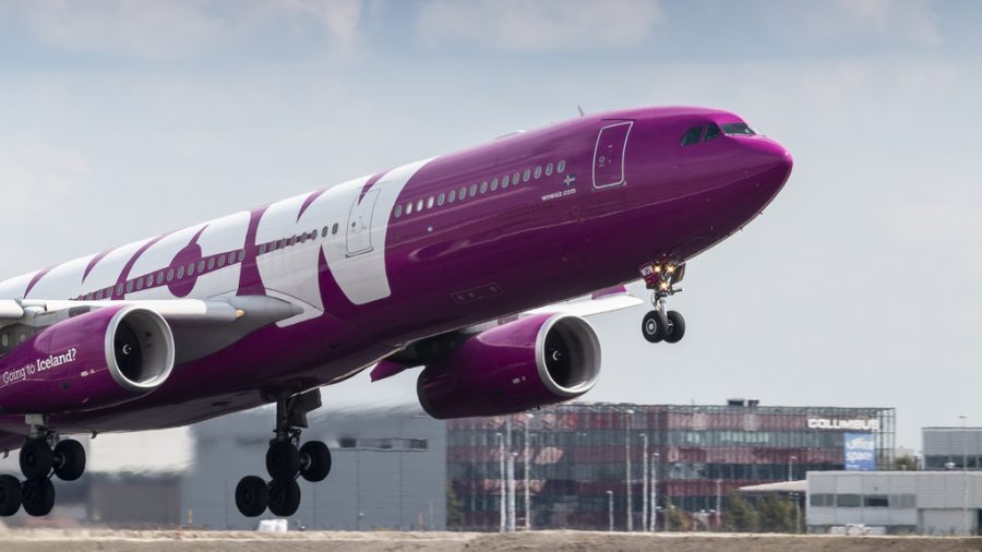 WOW Air A330 rocketing out of Amsterdam for Reykjavik.