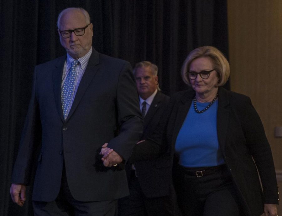 U.S. Senator Claire McCaskill approaches the stage at her election night party before conceding the race to Josh Hawley.