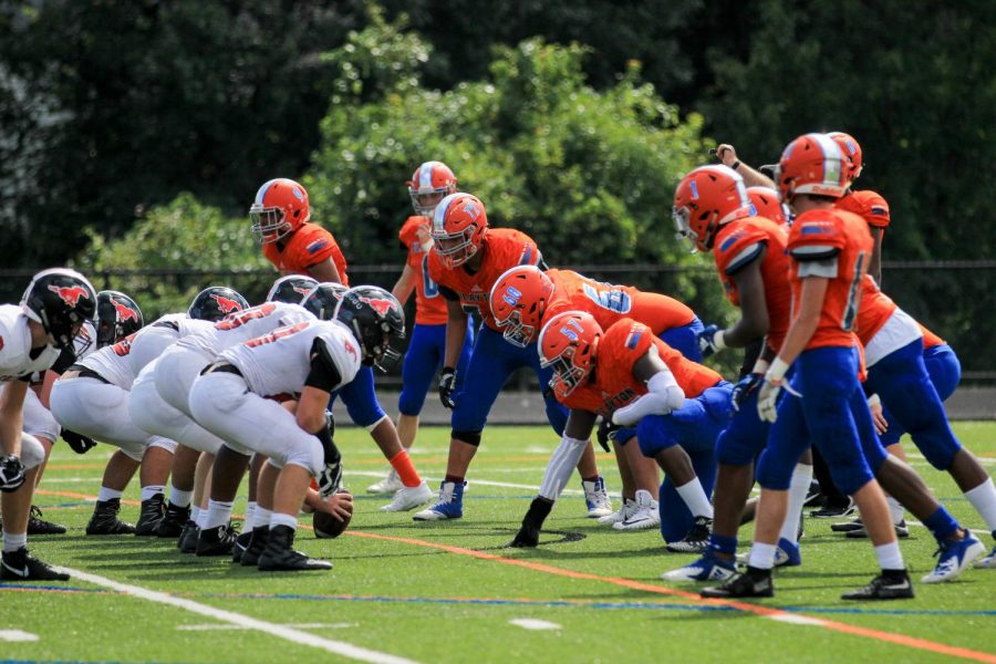 The Hounds prepare to defend against Parkway Central during the annual CHS homecoming game, hosted at Gay Field. The game was cancelled due to rainy weather before it was completed.