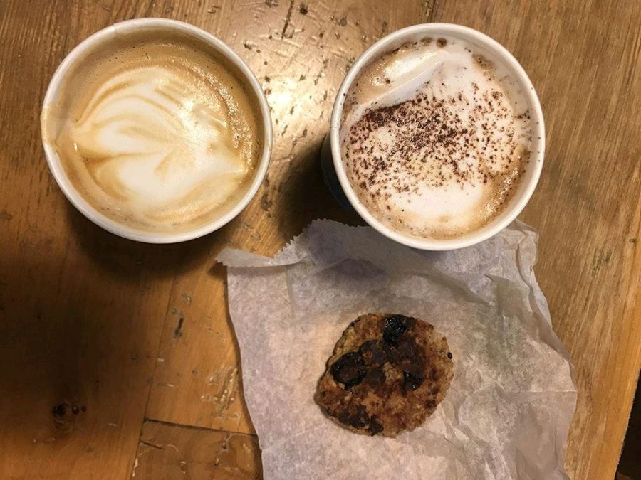 From Blueprint Coffee on the Delmar Loop, we ordered a mocha (right) and a cappuccino (left), with their signature raisin chocolate cookie.