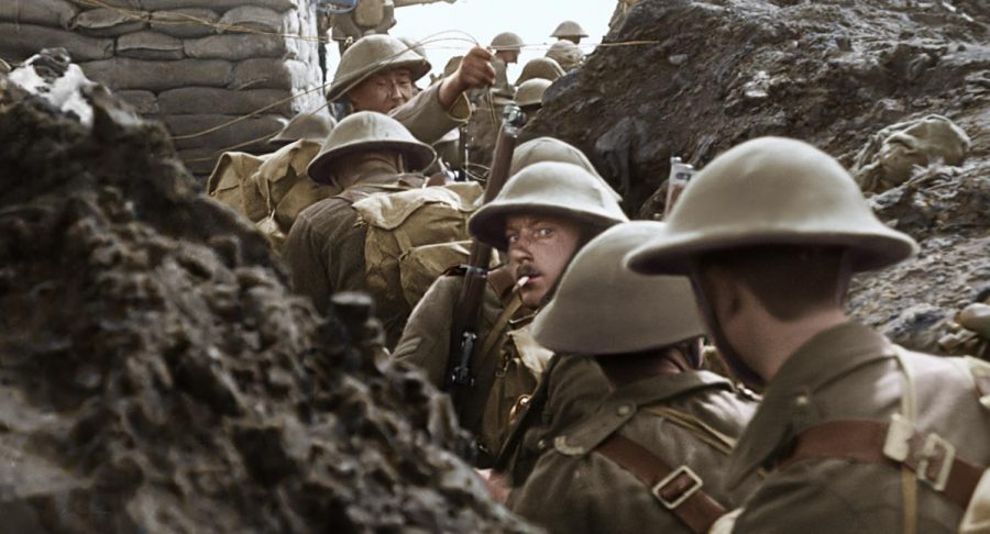 This restored image shows British soldiers preparing to exit their trenches
