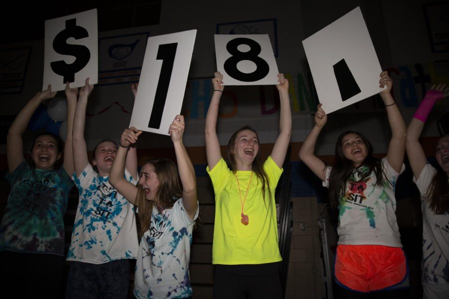 Junior Bridget Walsh (8) and other dance marathon board members hold up numbered signs showing the total amount of funds raised by the dance marathon: $18,000.01