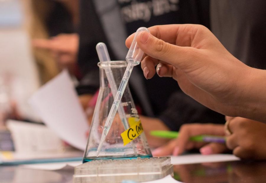 CHS sophomores perform experiments in chemistry class, which teaches students using the metric system.