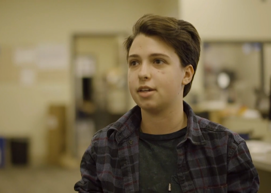 Senior Alex Goode, a transgender CHS student, talks to the journalism staff about gender-neutral bathrooms.