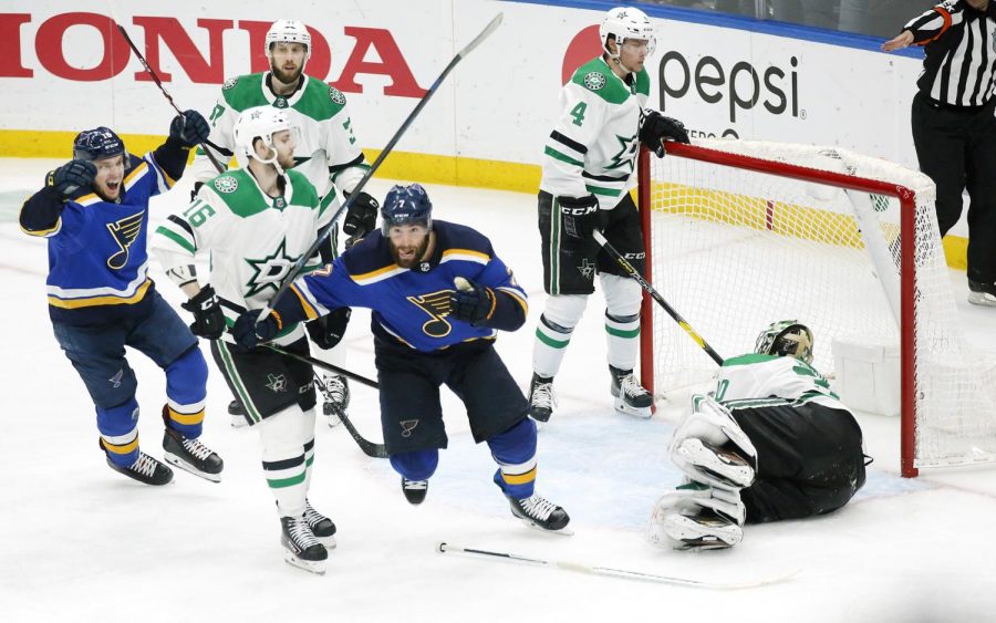 The St. Louis Blues Pat Maroon (7) celebrates his winning shot over Dallas Stars goaltender Ben Bishop (30) during the second overtime period in Game 7 of the Western Conference semifinals at the Enterprise Center in St. Louis on Tuesday, May 7, 2019. The Blues advanced with a 2-1 win in double OT.