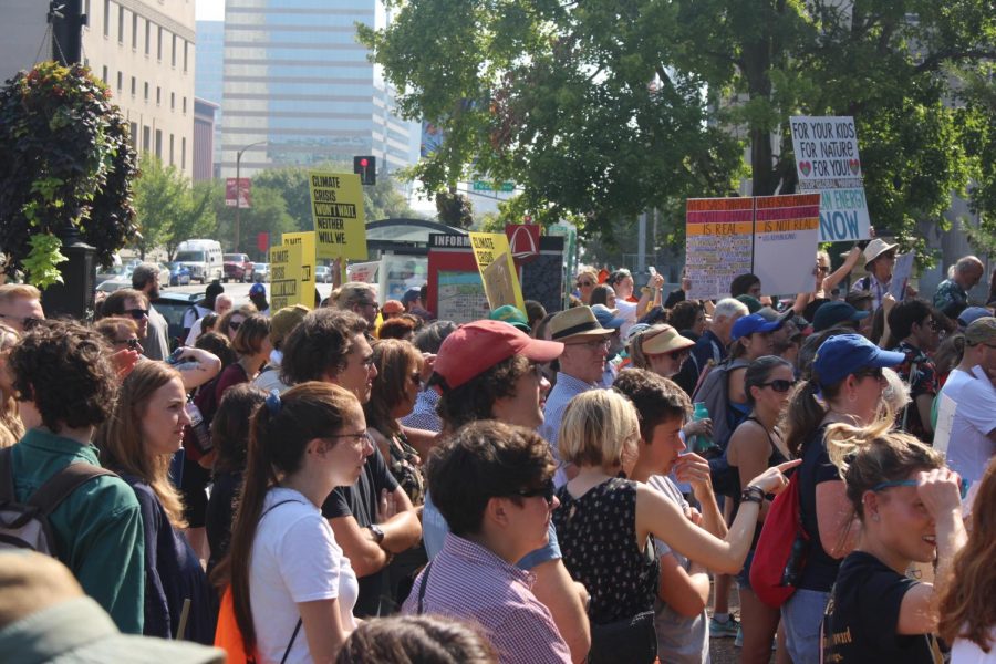 Strikers gathered in front of City Hall to hear speeches before the march. 