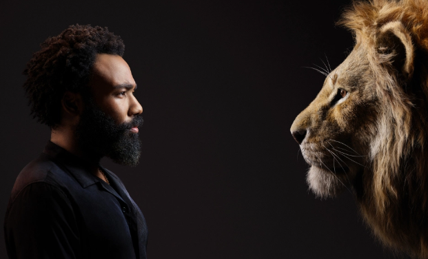 Photo by Disney of Donald Glover staring down his CGI Lion counterpart.