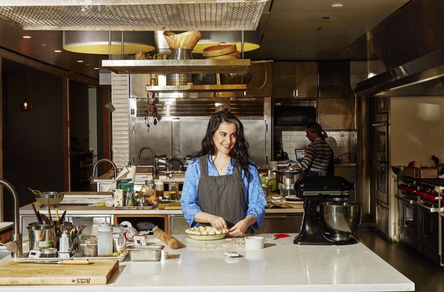 Claire Saffitz at her work bench in the Bon Appetit Test Kitchen in New York City.