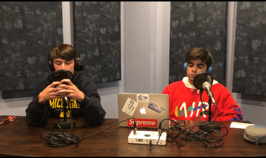 Seniors Jimmy Malone (left) and Armon Seraji (right) record an episode of their podcast, Greyhound Time.